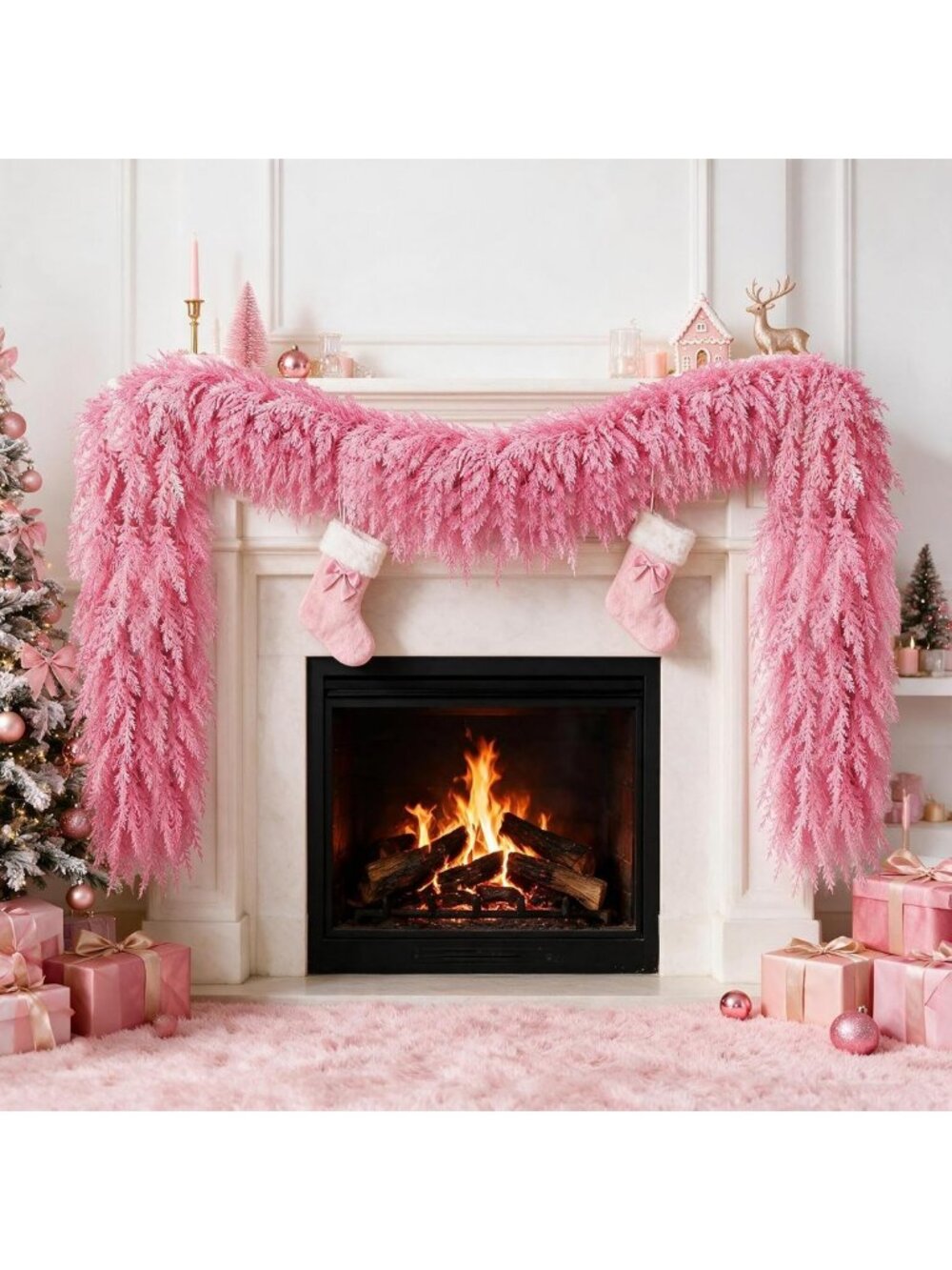 12FT Pink Cedar Garland - Realistic Faux Holiday Decor for Indoor/Outdoor Use